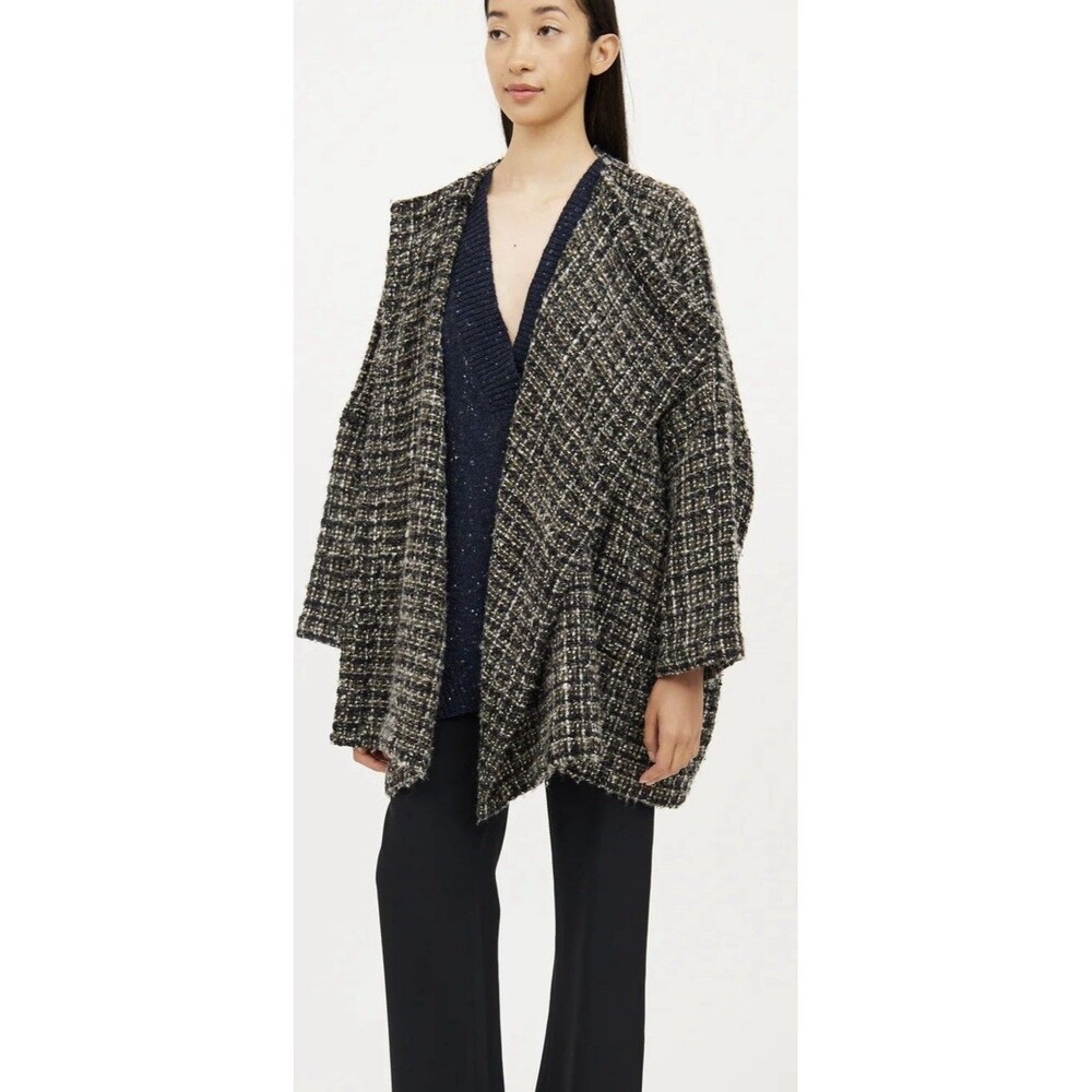 Eskandar Lagenlook Black Olive Tweed Angora Wool Silk Long Knit Jacket Tunic